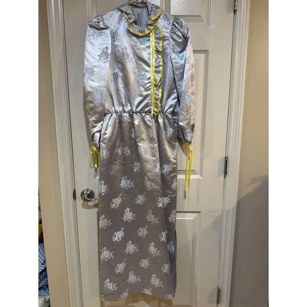 Vintage Silver Floral Damask Maxi Dress Yellow Ribbon Ruffle‎ Collar Handmade